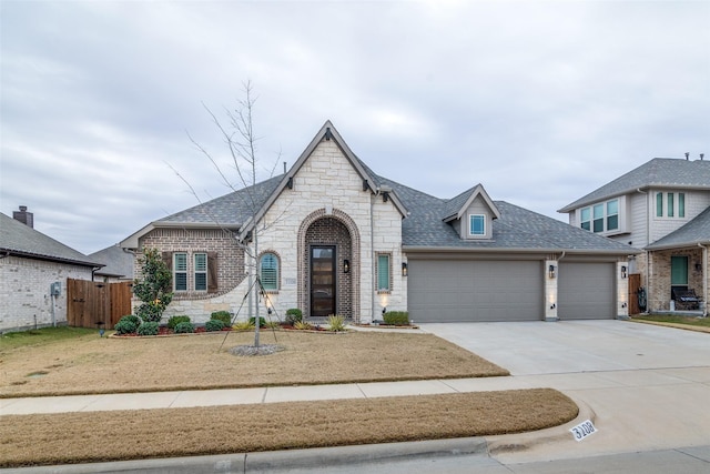 french provincial home with a garage, a shingled roof, fence, concrete driveway, and stone siding