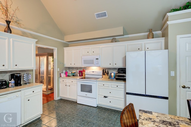 kitchen featuring white cabinets, white appliances, high vaulted ceiling, and tasteful backsplash