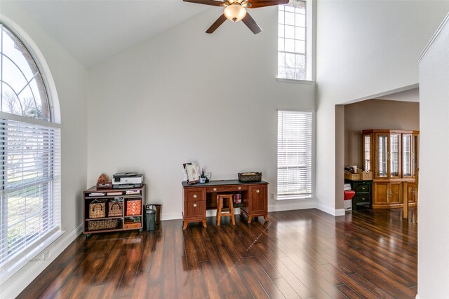 foyer entrance featuring high vaulted ceiling, ceiling fan, and dark wood-type flooring