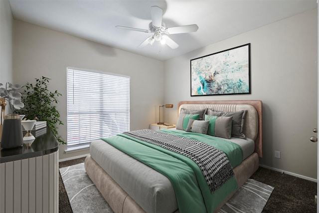 bedroom with ceiling fan and carpet floors