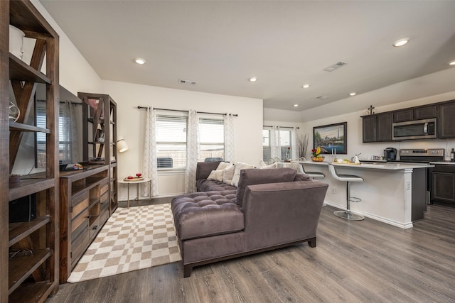 living room with dark wood-type flooring