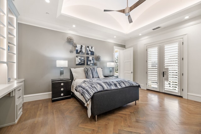 bedroom featuring parquet floors, ceiling fan, and access to exterior