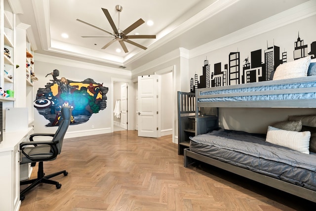 bedroom with a raised ceiling, crown molding, parquet flooring, and ceiling fan