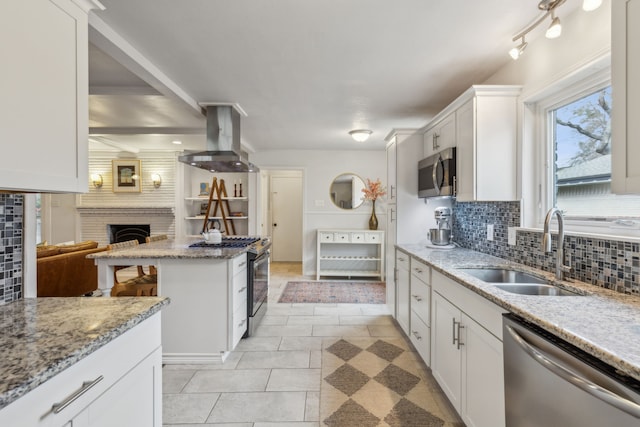 kitchen with wall chimney exhaust hood, stainless steel appliances, sink, a fireplace, and white cabinetry