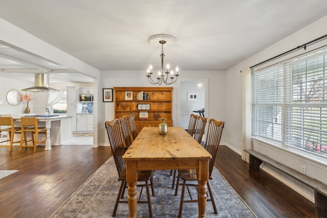 dining space with dark wood-type flooring, an inviting chandelier, and a healthy amount of sunlight