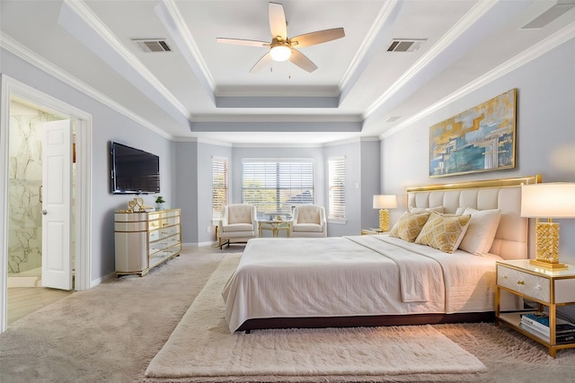 bedroom featuring ornamental molding, visible vents, a raised ceiling, and light colored carpet