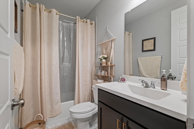 full bathroom with toilet, vanity, and shower / tub combo with curtain