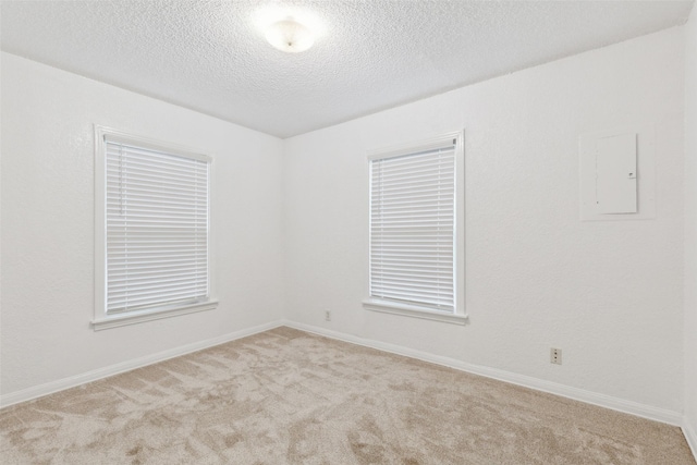 carpeted empty room with electric panel and a textured ceiling