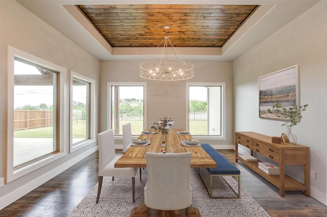 dining area with a healthy amount of sunlight, a tray ceiling, dark hardwood / wood-style flooring, and a notable chandelier