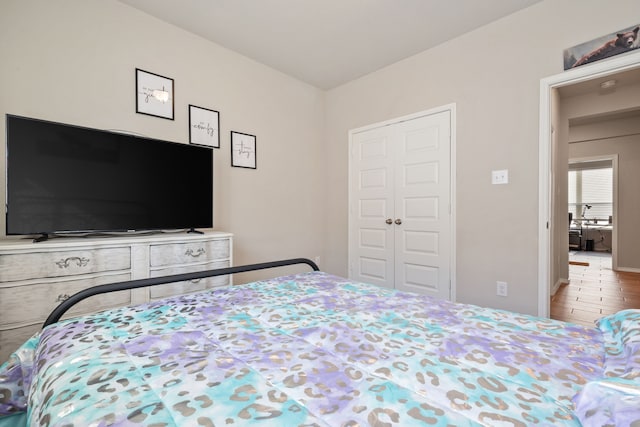 bedroom featuring wood-type flooring and a closet