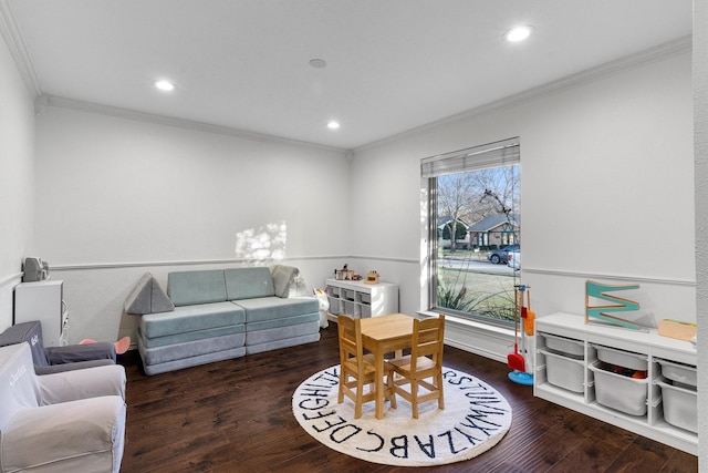 playroom with crown molding and dark hardwood / wood-style flooring