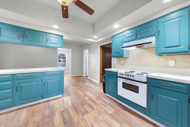 kitchen featuring blue cabinets, light wood-type flooring, and white electric range oven