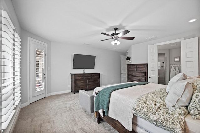 carpeted bedroom with ceiling fan and access to outside