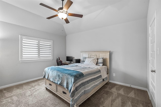 bedroom with ceiling fan, lofted ceiling, and carpet