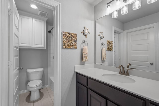 full bathroom featuring tile patterned flooring, vanity, shower / bath combination, and toilet