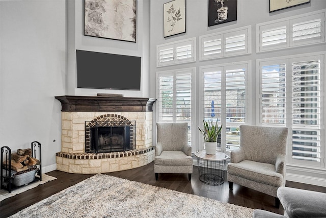 interior space featuring a stone fireplace, dark wood-type flooring, and a towering ceiling