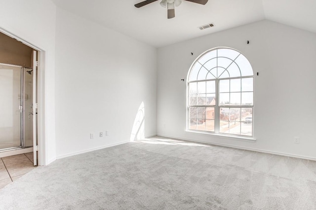 spare room featuring light colored carpet, a wealth of natural light, and vaulted ceiling