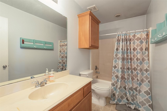 full bathroom with shower / bathtub combination with curtain, vanity, toilet, and tile patterned floors