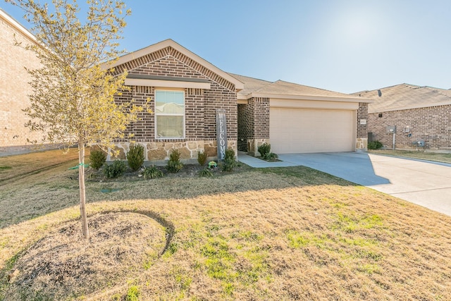 ranch-style home featuring a garage and a front yard