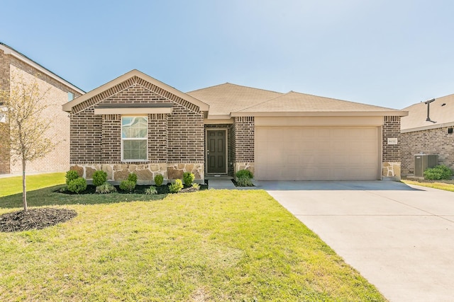16032 Crews Ave, Haslet, TX 76052 - ranch-style house with brick siding, a garage, concrete driveway, a front yard, and cooling unit