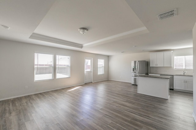 kitchen with sink, white cabinetry, a center island, a tray ceiling, and stainless steel appliances