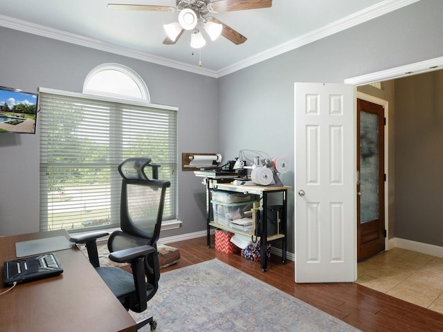 office featuring ceiling fan, hardwood / wood-style floors, and ornamental molding