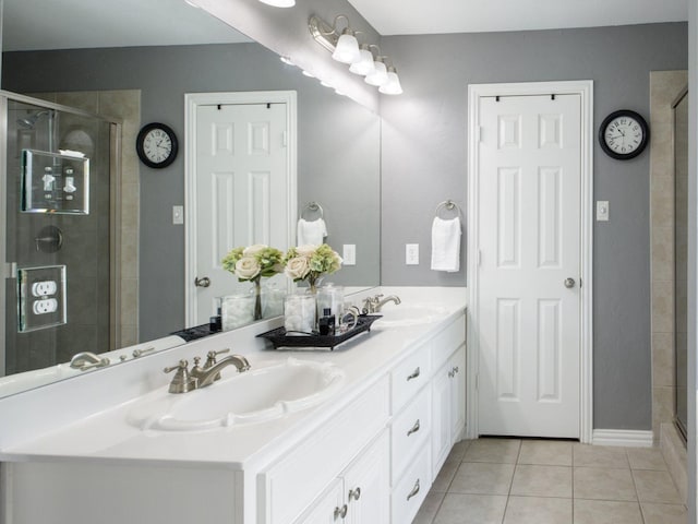 bathroom with tile patterned flooring, vanity, and a shower with shower door