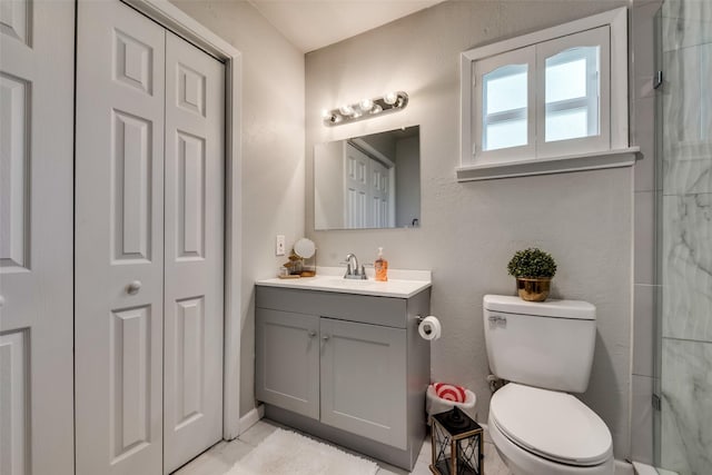 bathroom featuring toilet, an enclosed shower, and vanity