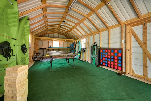 miscellaneous room with lofted ceiling and carpet flooring