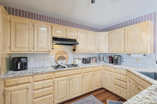 kitchen featuring light stone countertops, backsplash, and black electric cooktop