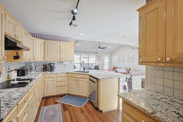 kitchen featuring dishwasher, lofted ceiling, sink, light wood-type flooring, and light brown cabinetry