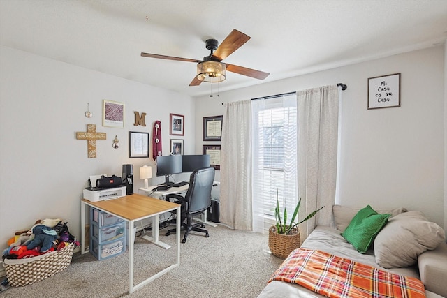 carpeted office with ceiling fan