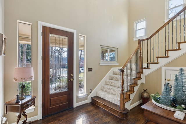 foyer featuring dark hardwood / wood-style flooring, a high ceiling, and a wealth of natural light