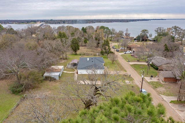 drone / aerial view with a water view