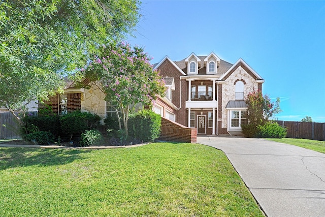 view of front of property with a garage and a front lawn