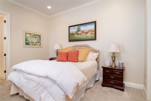 carpeted bedroom featuring ornamental molding