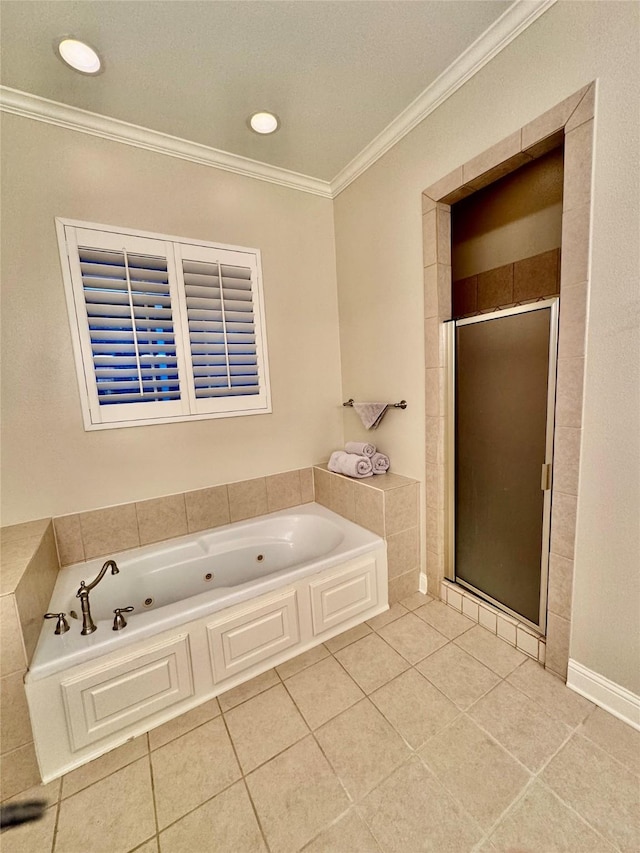 bathroom with tile patterned flooring, crown molding, and separate shower and tub