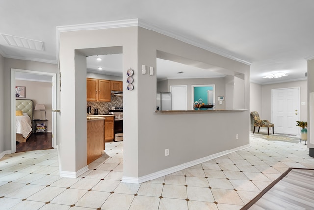 interior space with crown molding, stainless steel appliances, light tile patterned flooring, and backsplash