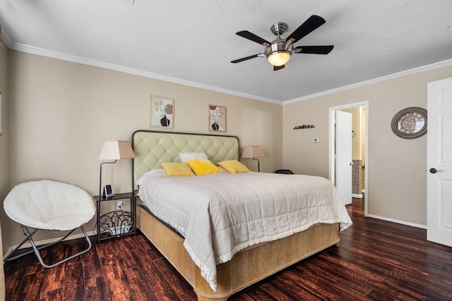 bedroom with crown molding, dark hardwood / wood-style floors, and ceiling fan