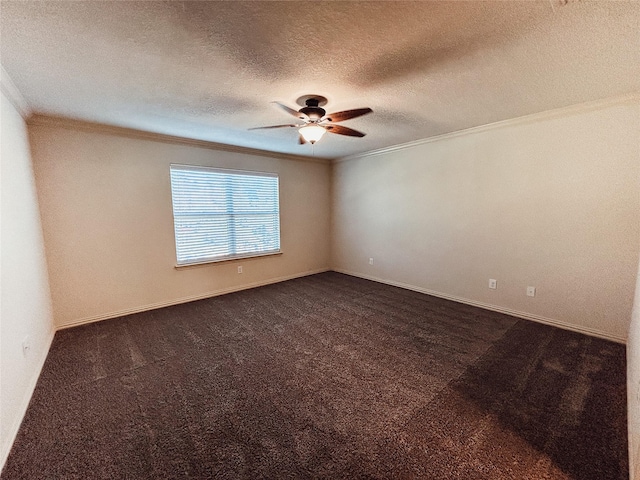 carpeted empty room with crown molding, a textured ceiling, and ceiling fan