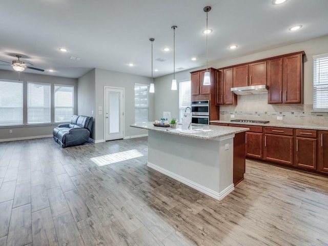 kitchen featuring ceiling fan, light hardwood / wood-style flooring, decorative light fixtures, a kitchen island with sink, and appliances with stainless steel finishes