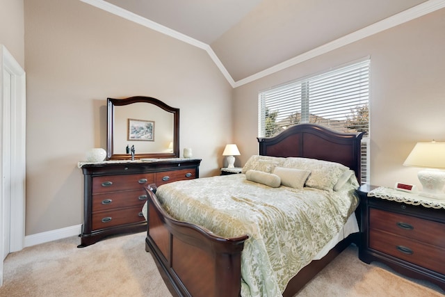 bedroom with light carpet, vaulted ceiling, and ornamental molding