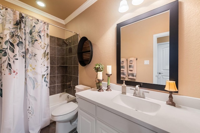 full bathroom with crown molding, toilet, vanity, and shower / bath combo with shower curtain