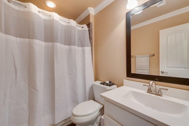 bathroom with crown molding, vanity, toilet, and a shower with shower curtain