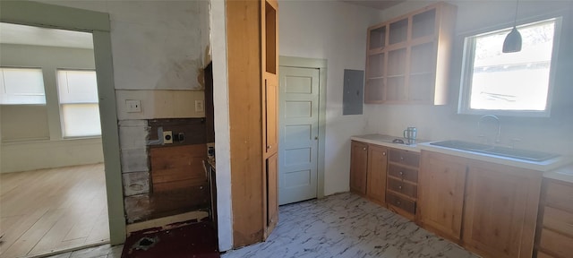 kitchen with decorative light fixtures, electric panel, a healthy amount of sunlight, and sink