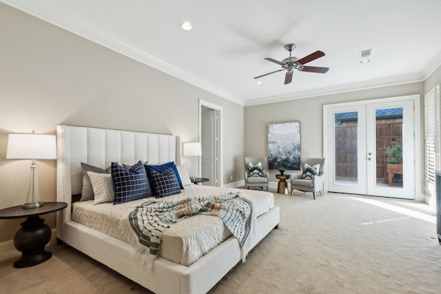 bedroom featuring carpet, french doors, access to outside, ceiling fan, and crown molding