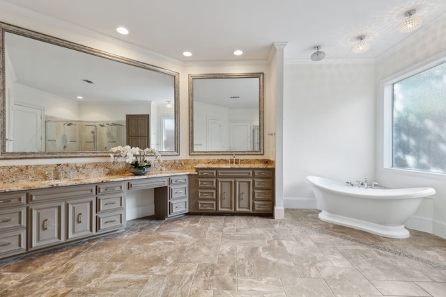 bathroom featuring plus walk in shower, vanity, and ornamental molding