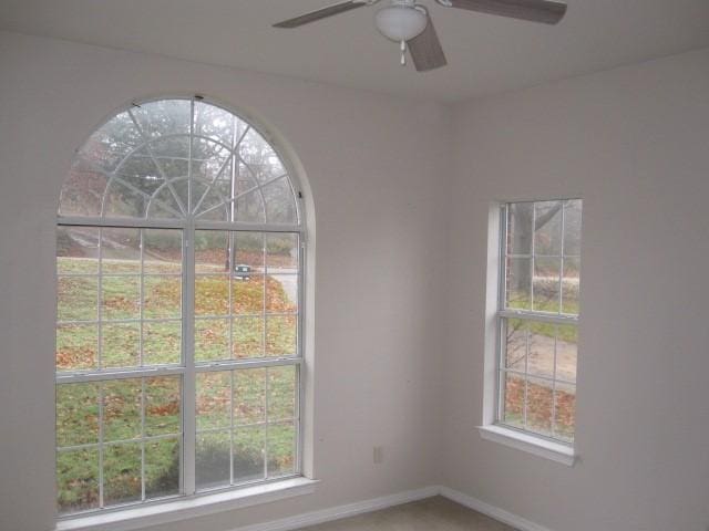 interior space with carpet flooring, ceiling fan, and a healthy amount of sunlight