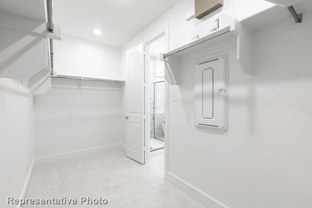 spacious closet featuring electric panel and light carpet