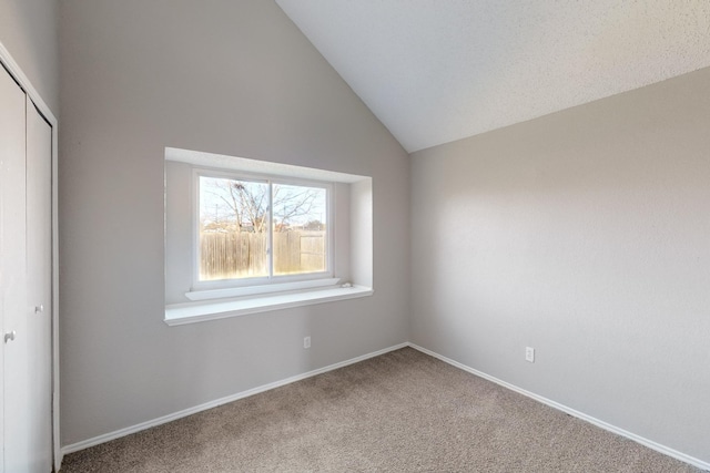 interior space with carpet and high vaulted ceiling